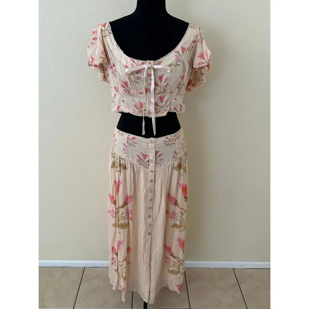 Free People Easy to Love 2 Piece Multicolor Floral Maxi Skirt Set Size L - NWT - Picture 8 of 8